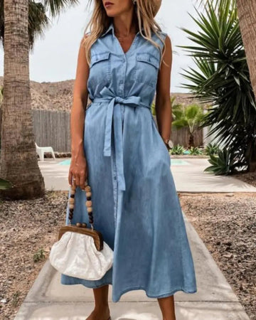 Women's Sleeveless Button Front Belted Denim Midi Dress With Pockets