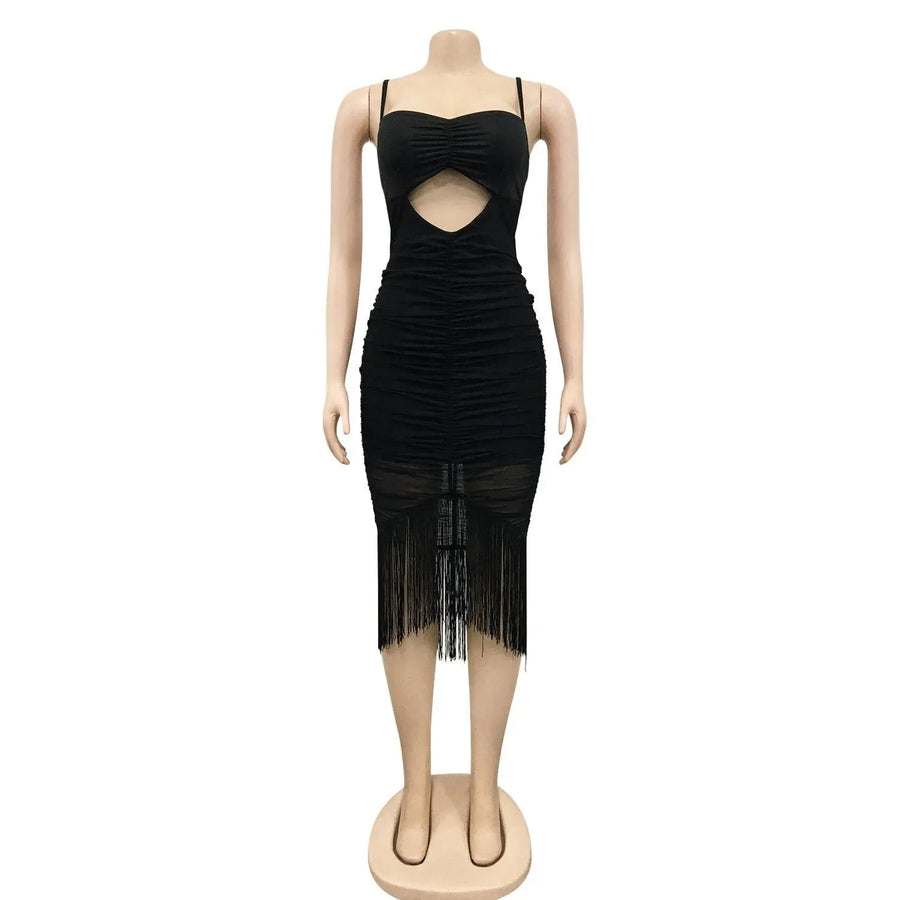 Women's Sleeveless Cutout Front Tassel Hem Ruched Cami Bodycon Dress