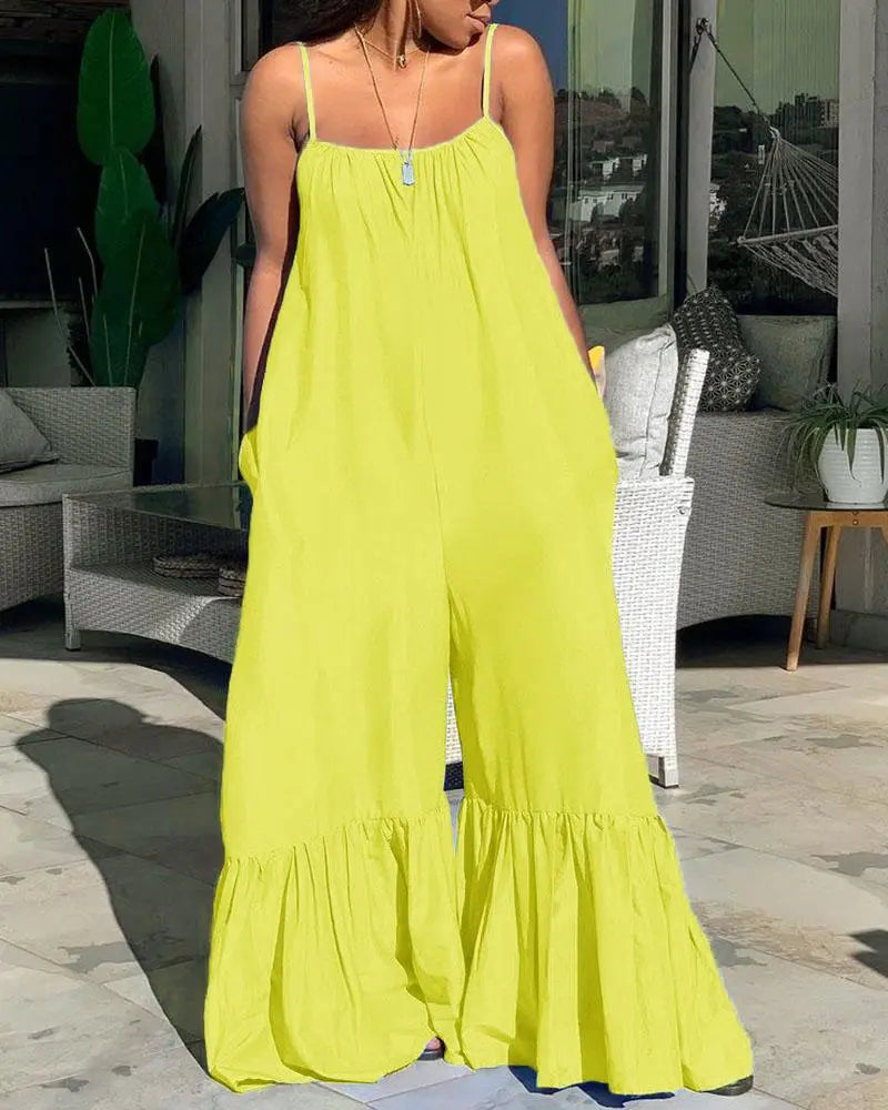 Women's Solid Color Sleeveless Cami Ruffled Bootcut Jumpsuit