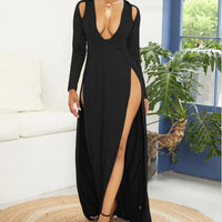 Women's Solid Cut Out Long Sleeves V Neck Slit Party Maxi Dresses