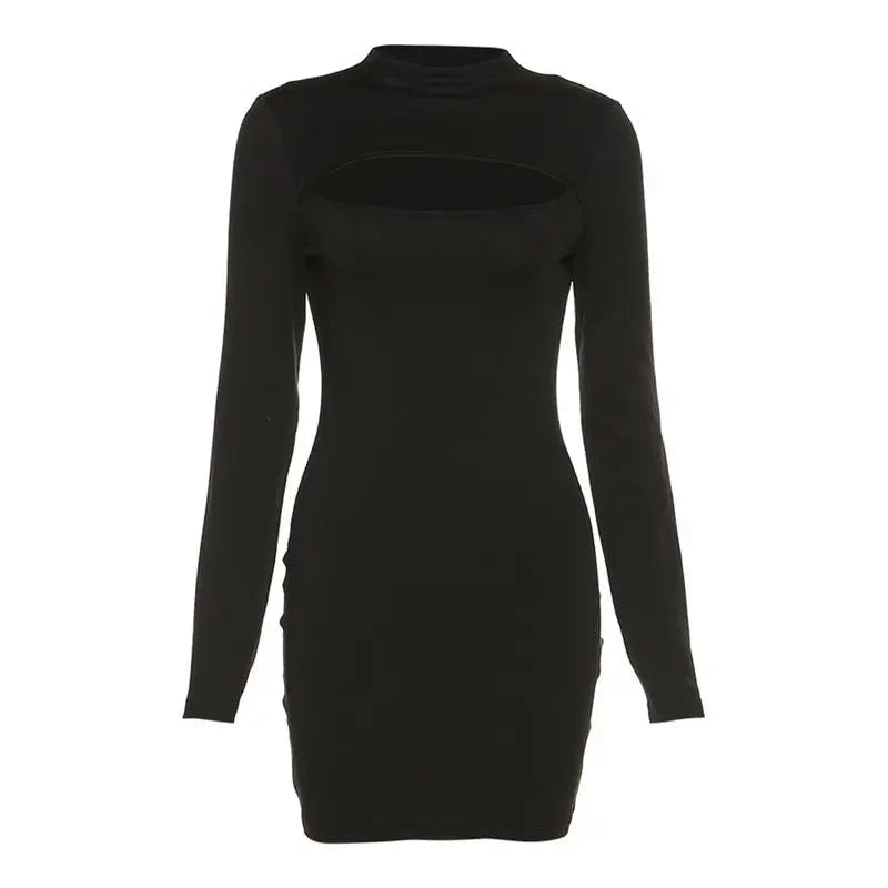 Women's Solid Cut-out Long Sleeves Sexy Knit Short Stretchy Skinny Dresses