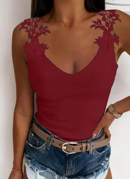 Women's Solid Embroidery Lace Tank Top V Neck Skinny Tops