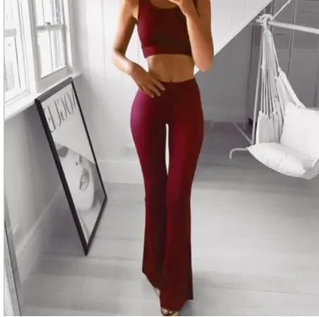 Women's Solid High Waist Long Bottoms Flared Trousers Casual Pants
