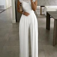 Women's Solid Lace Panel Sleeveless Lady Party Jumpsuits