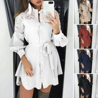 Women's Solid Long Sleeves Lace Shirt Collar Daliy Dresses