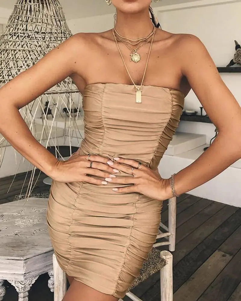 Women's Solid Off Shoulder Bodycon Pleats Party Mini Dresses