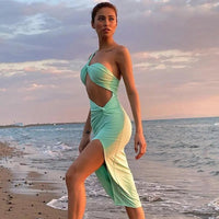 Women's Solid One Shoulder Asymmetric Split Beach Knit Dresses
