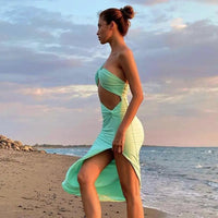 Women's Solid One Shoulder Asymmetric Split Beach Knit Dresses