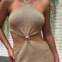 Women's Solid Twist Halter Neck Cut Out Beach Skinny Dresses