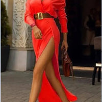 Women's Solid V Neck Sexy Party Long Sleeves Slit Dresses