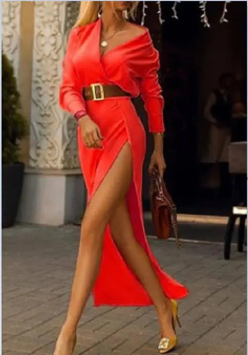 Women's Solid V Neck Sexy Party Long Sleeves Slit Dresses