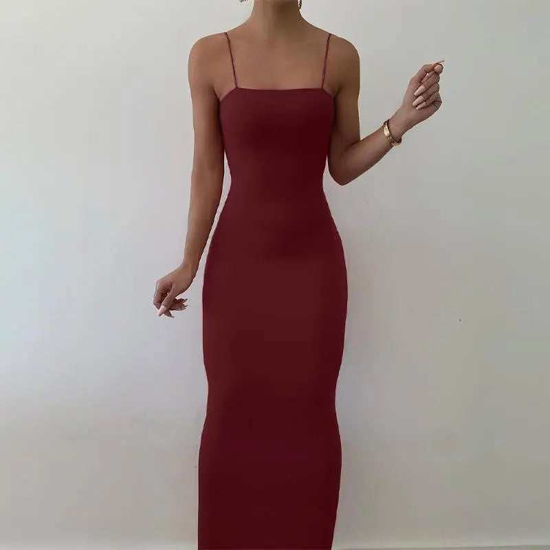 Women's Spaghetti Strap Solid Maxi Cami Bodycon Dress