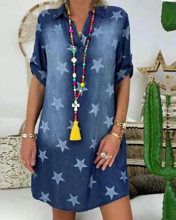 Women's Star Print Rolled Up Sleeve Notch Neck Denim Tunic Dress