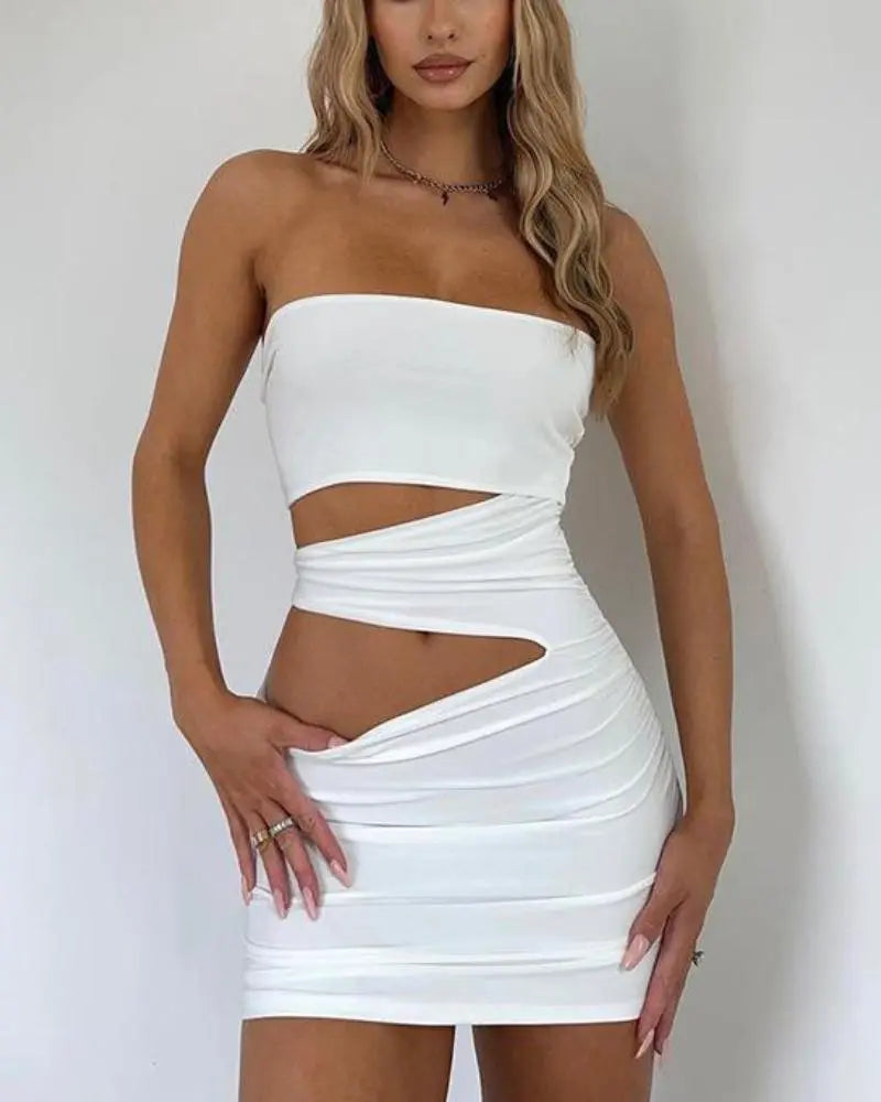Women's Strapless Cut Out Ruched Bandeau Mini Bodycon Dress