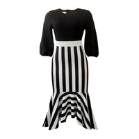 Women's Striped 3/4 Lantern Sleeve Ruffle Hem Midi Pencil Dress