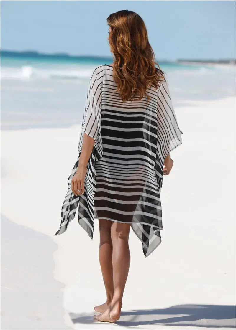 Women's Striped Half Batwing Sleeve Mesh Beach Dress Cover Ups