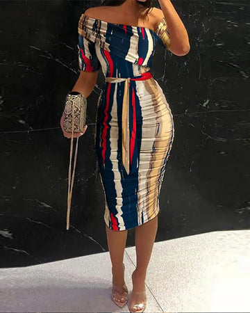 Women's Striped Off The Shoulder Short Sleeve Belted Midi Bodycon Dress
