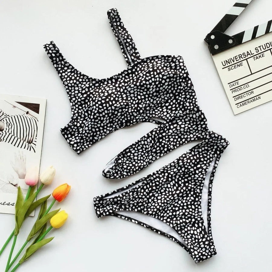 Women's Swiss Dots Cut Out Square Neck One Piece Swimsuit