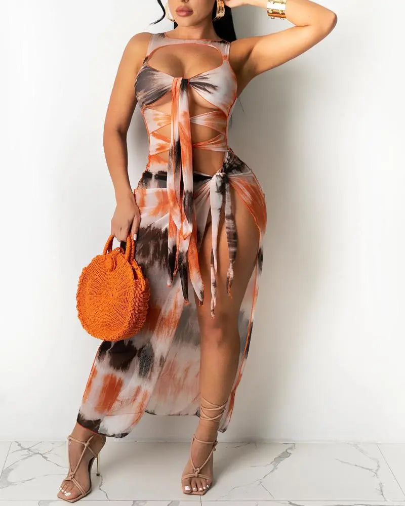 Women's Tie Dye Cut Out Knot Front Mesh Split Maxi Dress