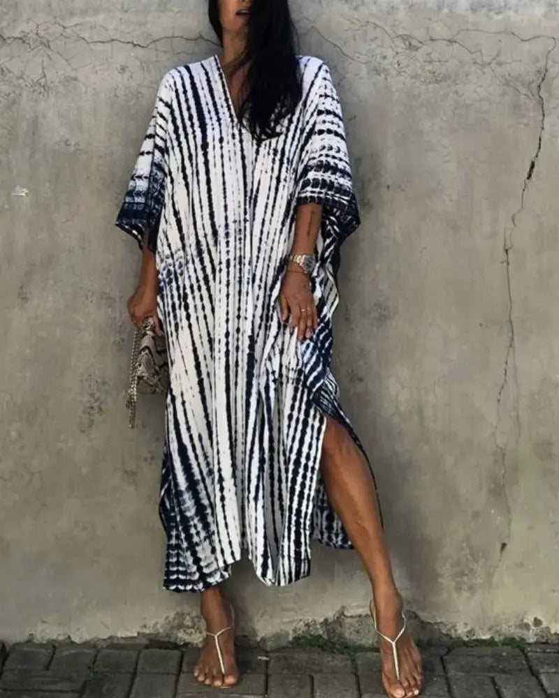 Women's Tie Dye Half Batwing Sleeve V Neck Loose Beach Dress Cover Ups