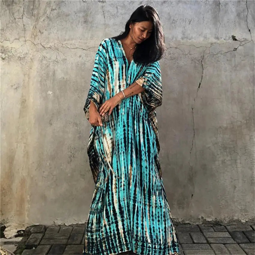 Women's Tie Dye Half Batwing Sleeve V Neck Loose Beach Dress Cover Ups