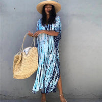 Women's Tie Dye Half Batwing Sleeve V Neck Loose Beach Dress Cover Ups