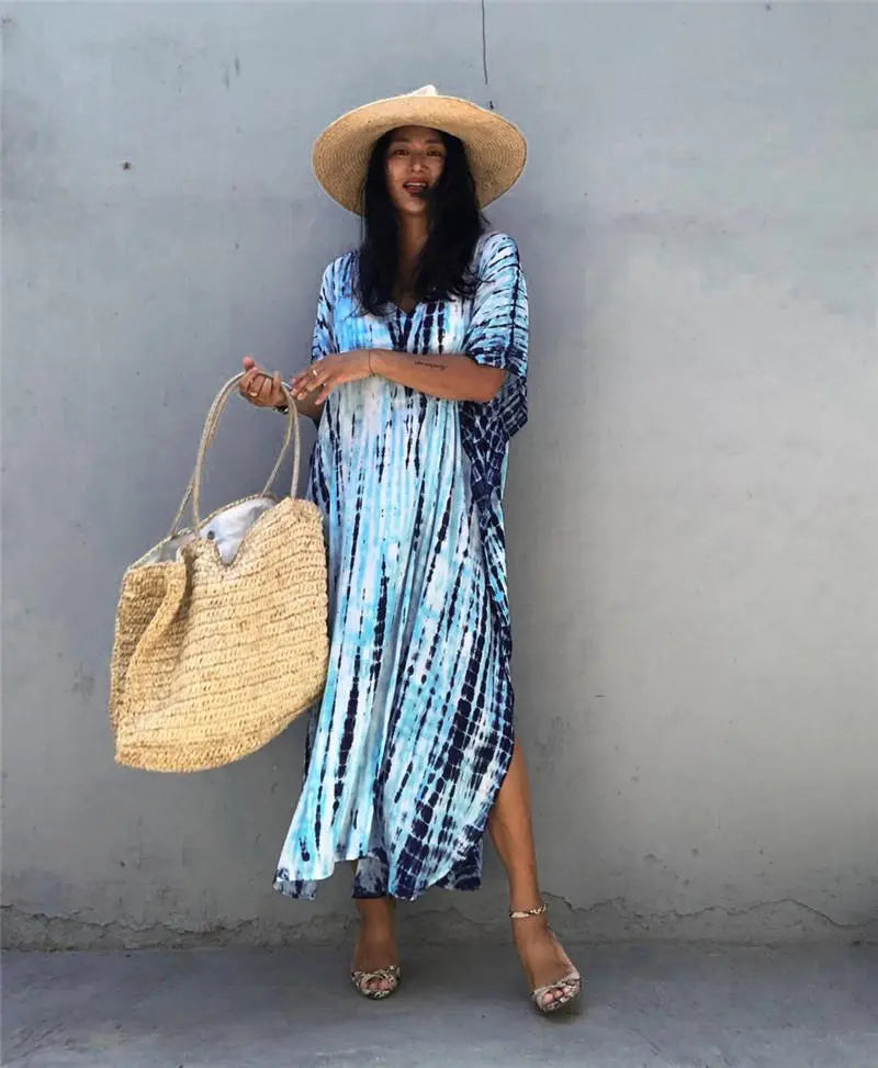 Women's Tie Dye Half Batwing Sleeve V Neck Loose Beach Dress Cover Ups