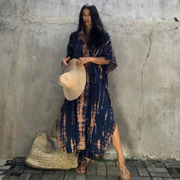 Women's Tie Dye Half Batwing Sleeve V Neck Loose Beach Dress Cover Ups