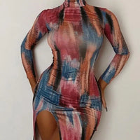Women's Tie Dye Long Sleeve High Neck Split Maxi Bodycon Dress