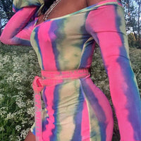 Women's Tie Dye Off The Shoulder Flounce Sleeve Mini Bodycon Dress