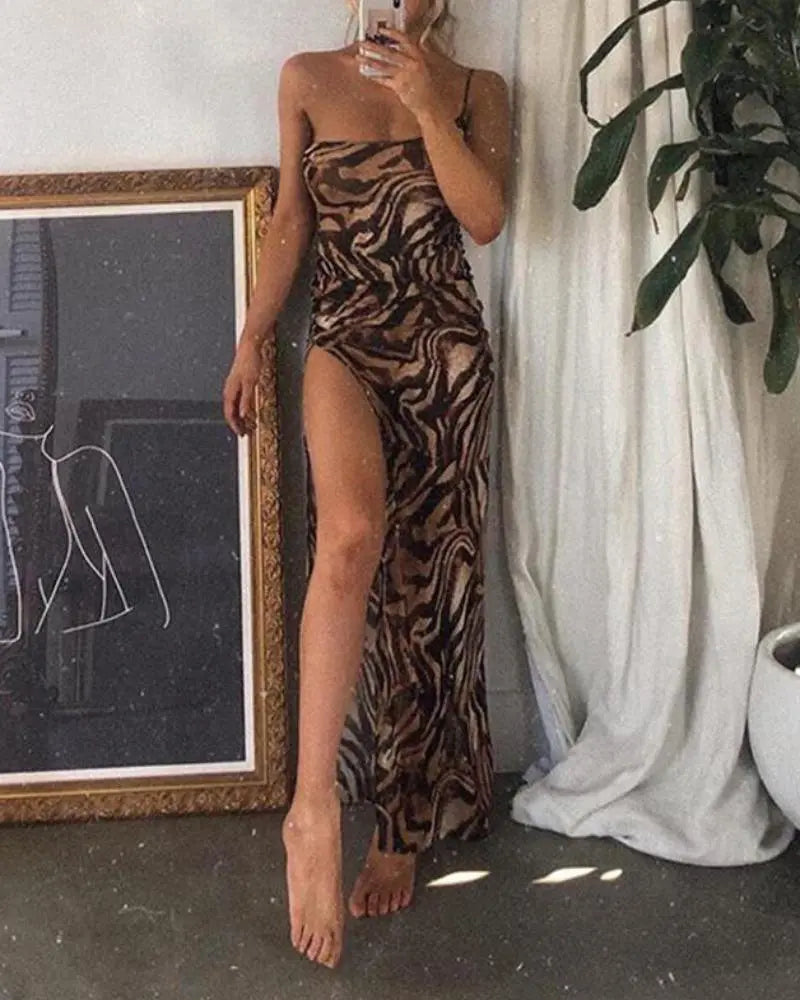 Women's Tiger Print One Shoulder Sleeveless Split Maxi Cami Dress