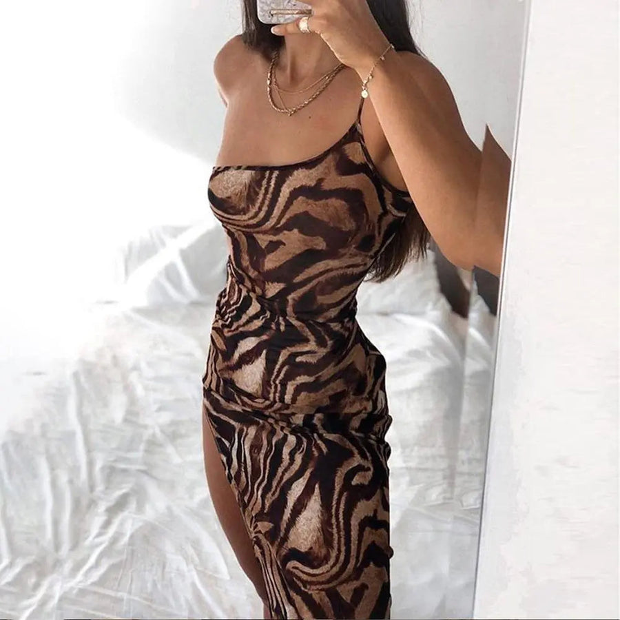 Women's Tiger Print One Shoulder Sleeveless Split Maxi Cami Dress