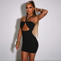 Women's Twist Front Backless Halter Neck Ruched Mini Bodycon Dress