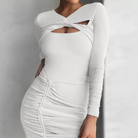 Women's Twist Front Cut Out Drawstring Ruched Mini Bodycon Dress