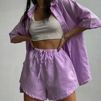 Women's Two Piece 3/4 Sleeve Button Down Shirt And Shorts Outfit