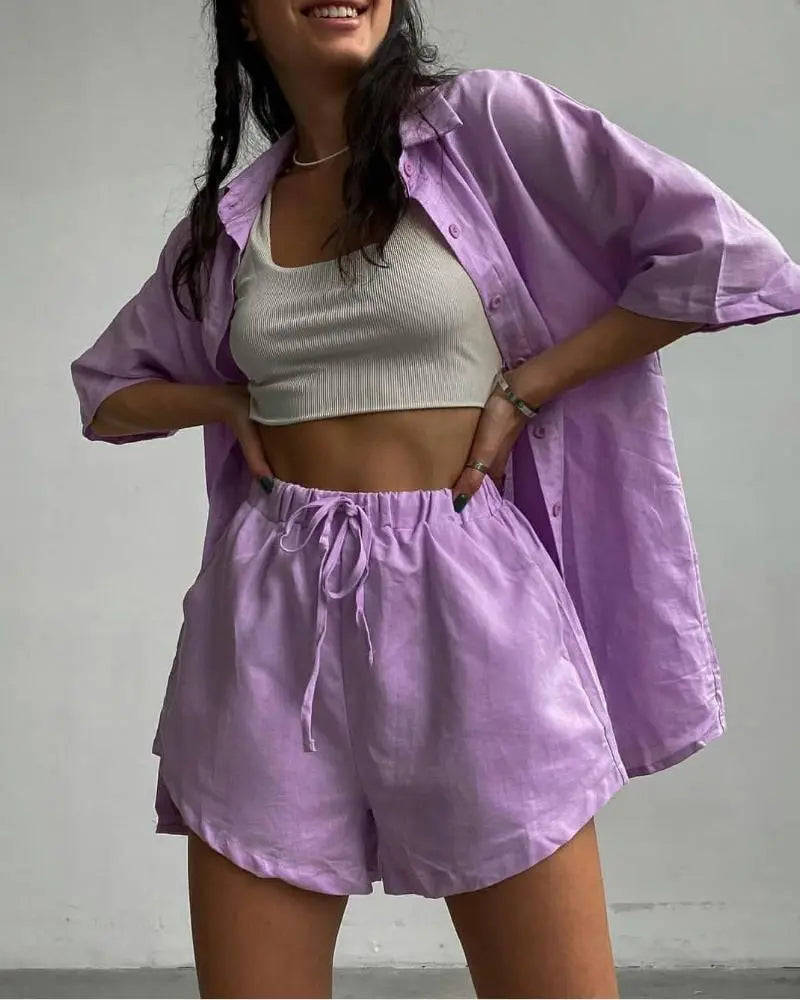 Women's Two Piece 3/4 Sleeve Button Down Shirt And Shorts Outfit