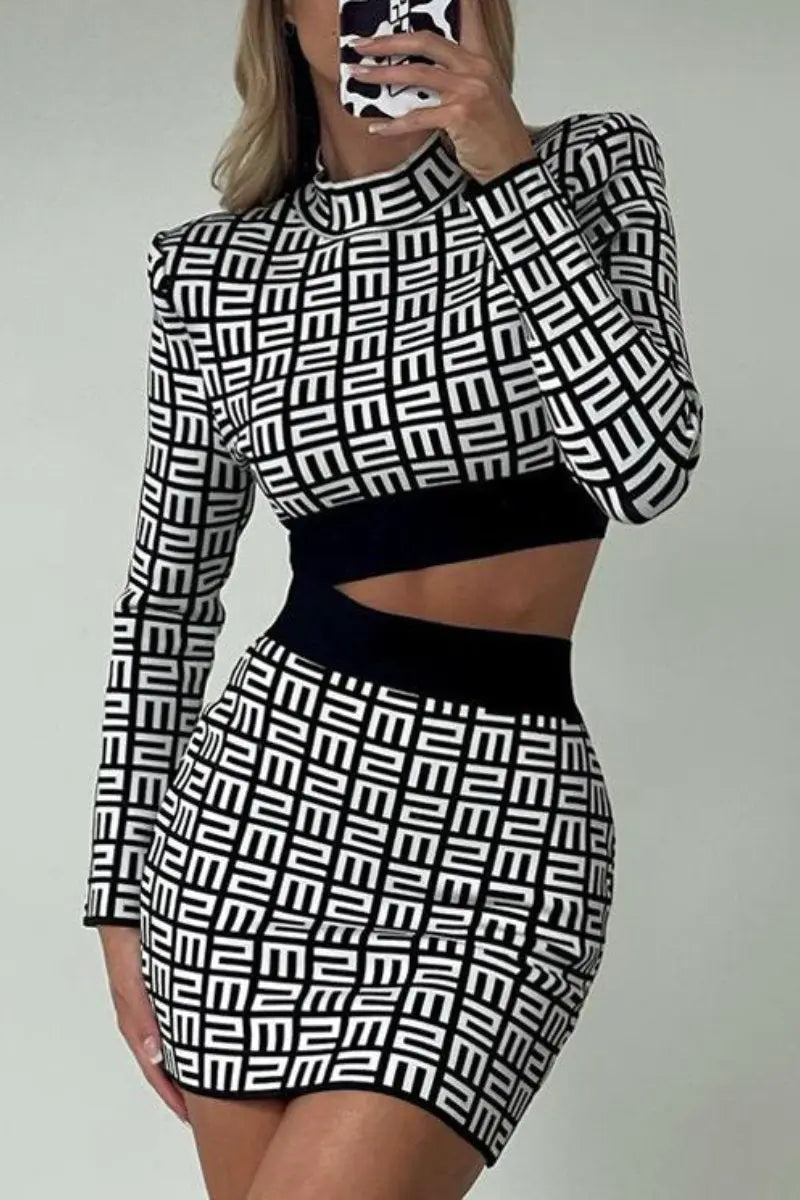 Women's Two Piece Allover Print Crop Top And Bodycon Skirt Outfits