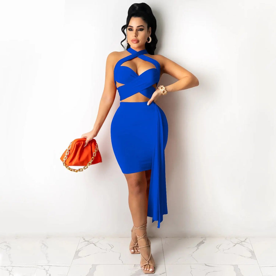 Women's Two Piece Criss Cross Halter Top And Bodycon Skirt Outfit