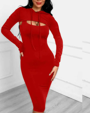 Women's Two Piece Crop Hoodie And Tank Bodycon Dress Outfit