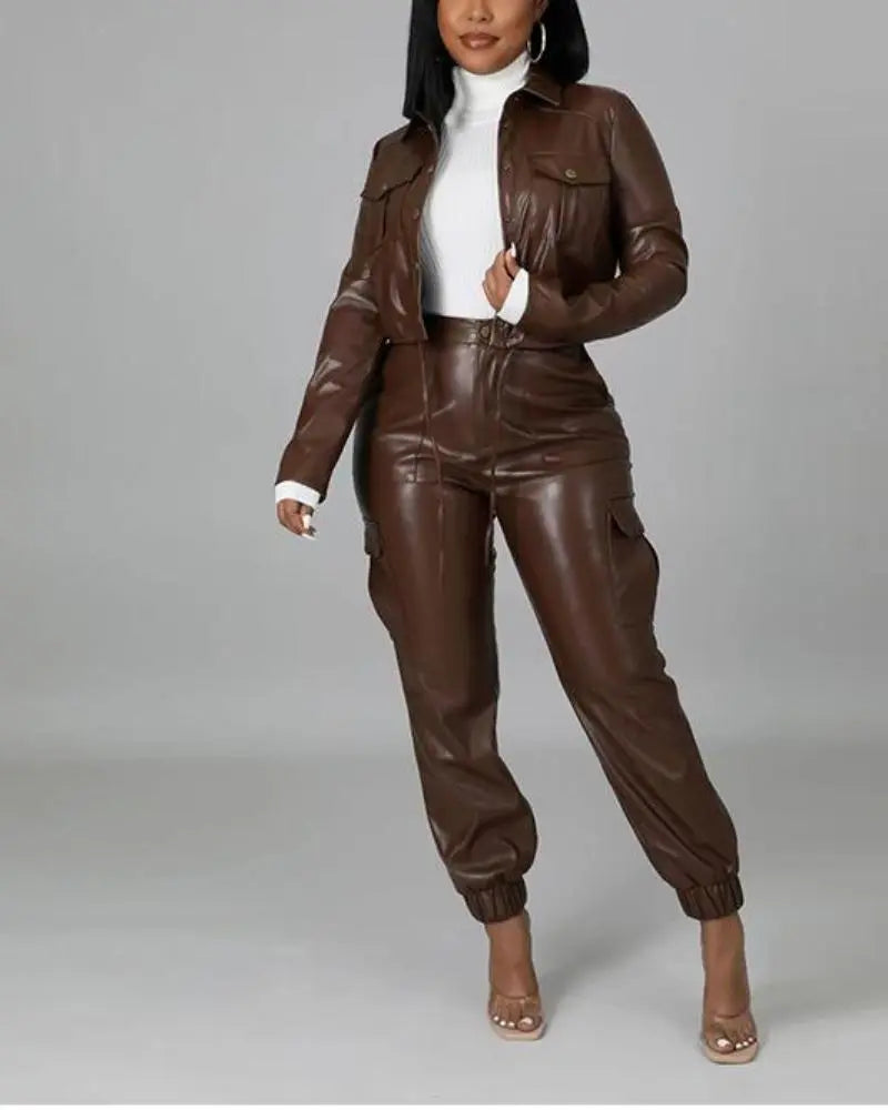 Women's Two Piece Faux Leather Crop Jacket And Cargo Pants Outfit