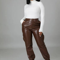 Women's Two Piece Faux Leather Crop Jacket And Cargo Pants Outfit