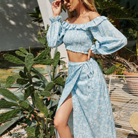 Women's Two Piece Floral Off The Shoulder Crop Top And Skirts Set