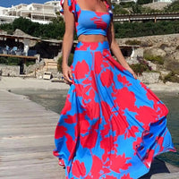 Women's Two Piece Floral Print Crop Cami Top And Maxi Skirts Outfit