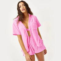 Women's Two Piece Fuzzy Button Down Shirt And Shorts Outfit