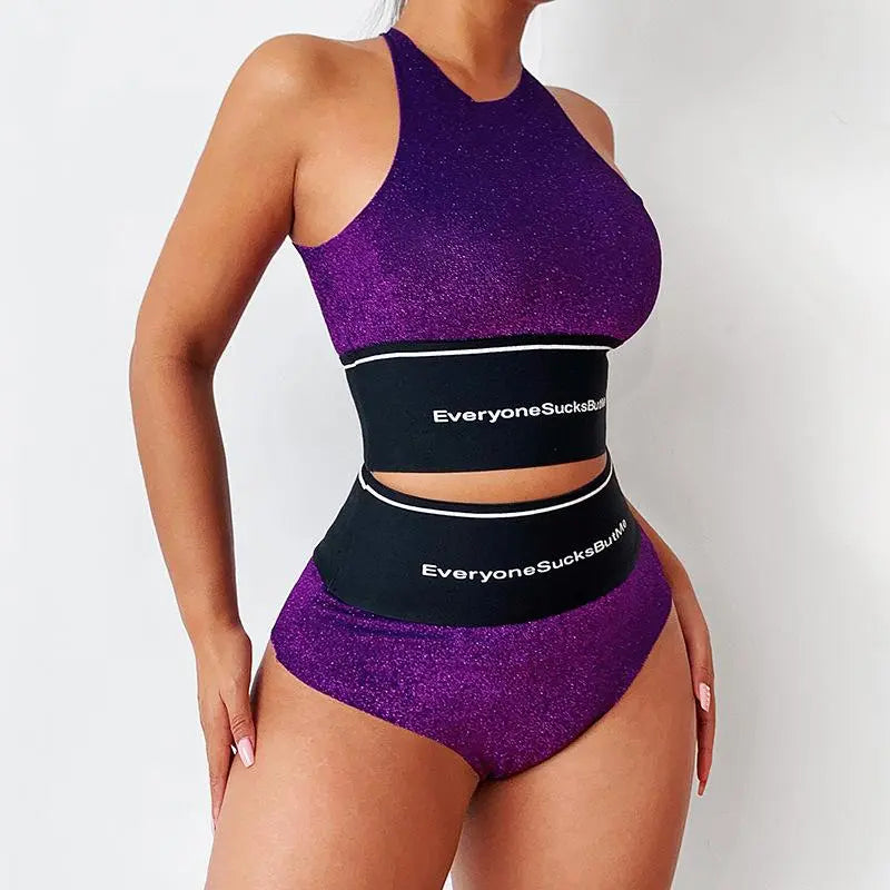 Women's Two Piece Glitter Tank Top And Tummy Control Shorts Workout Set