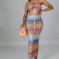 Women's Two Piece Gradient Halter Crop Top And Maxi Bodycon Skirts Set
