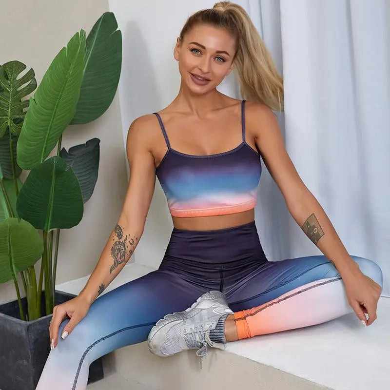 Women's Two Piece Gradient Sport Bra And High Waist Yoga Pants Set
