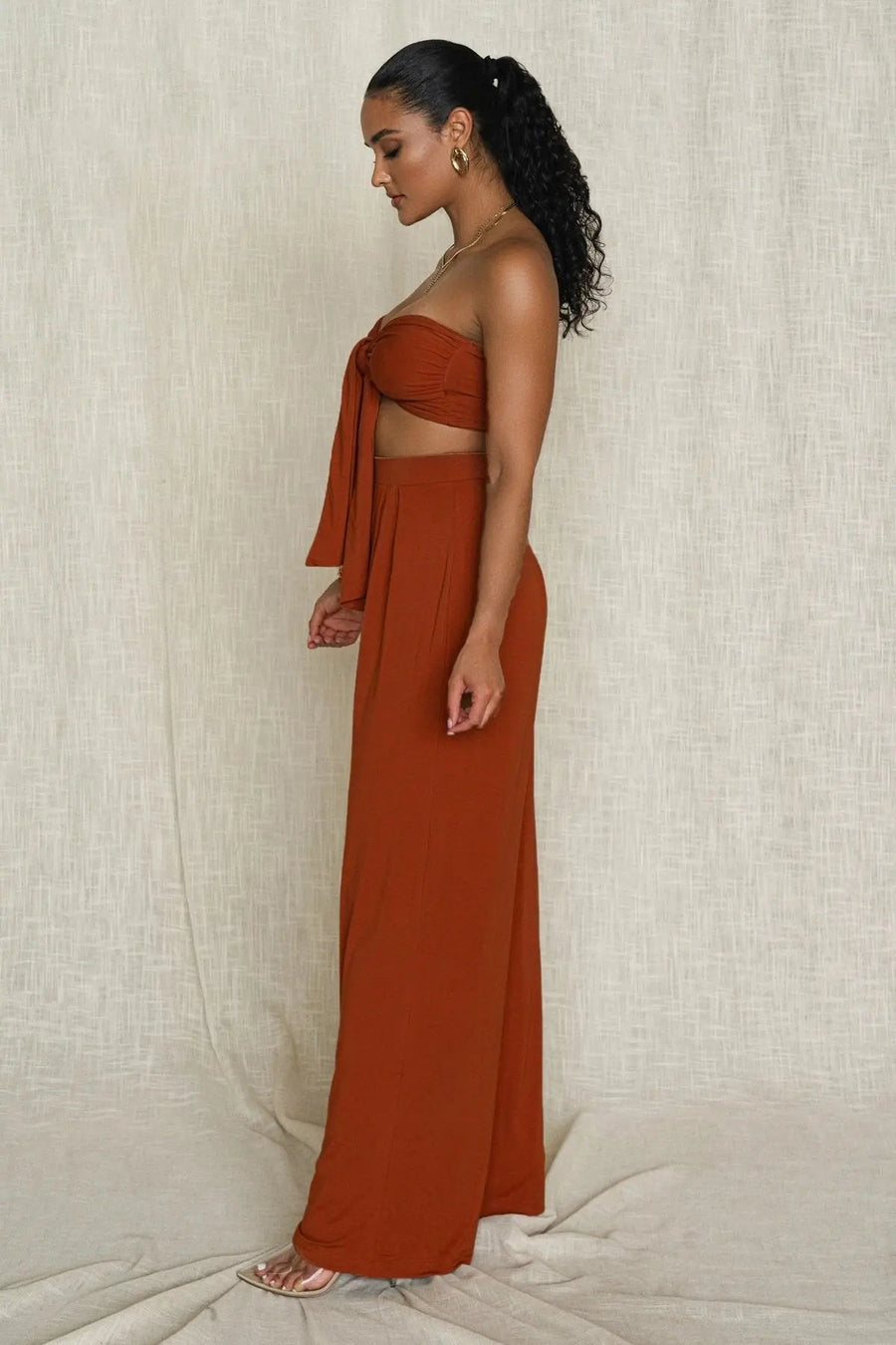 Women's Two Piece Knot Front Bandeau Crop Top And Wide Leg Pants Outfit