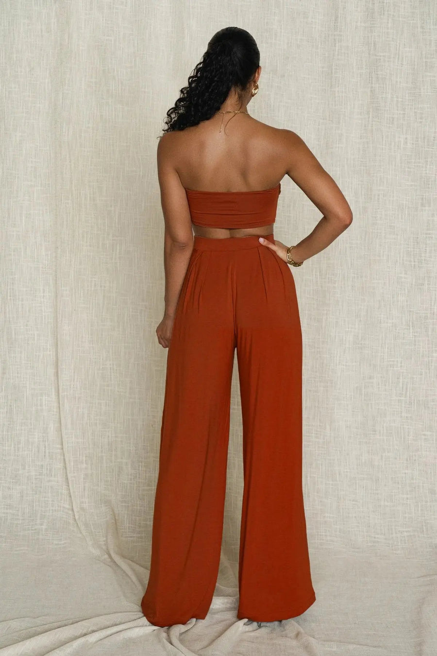 Women's Two Piece Knot Front Bandeau Crop Top And Wide Leg Pants Outfit