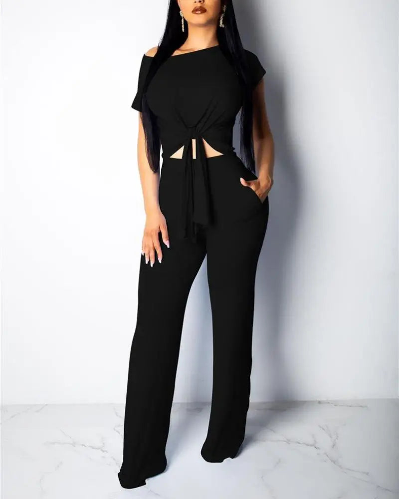 Women's Two Piece Knot Front Tops And Wide Leg Pants Outfit
